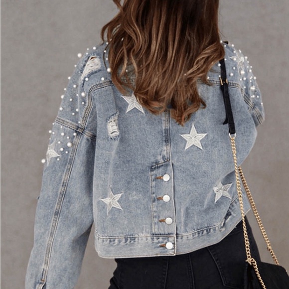 Sky Blue Distressed Pearls Star Cropped
Denim Jacket - Picture 2 of 15